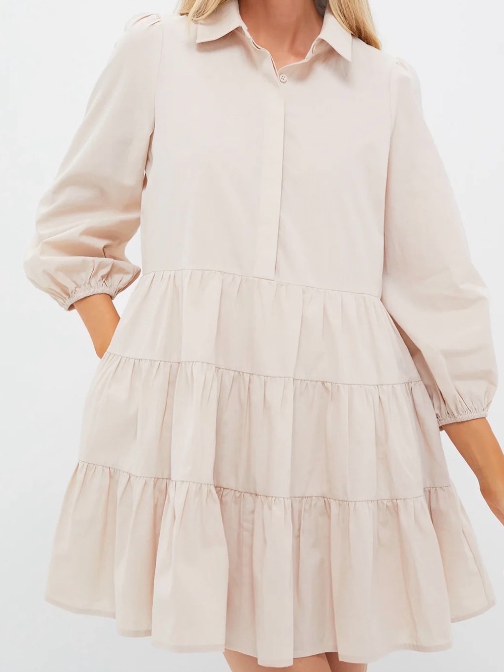 Pomander Place Tuckernuck Mabel Sandstone Cream Tiered Button-Front Mini Dress